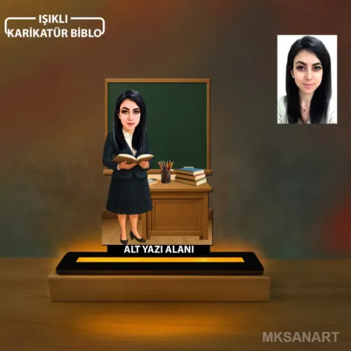 Kişiye Özel Kadın Tarih Öğretmen Karikatürlü 14 cm MDF Işıkl…