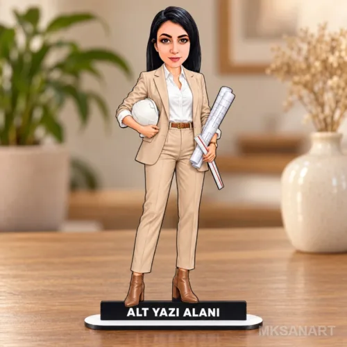 Kişiye Özel Kadin Mimar Bej Takim Karikatürlü 18 cm MDF Masa…