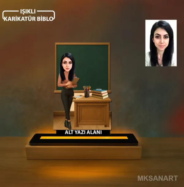 Kadın Öğretmen Temalı Kişiye Özel Karikatürlü 14 cm MDF Işıklı Biblo - Öğretmen Hediyesi | Öğretmene Özel Hediye