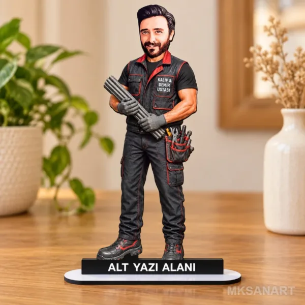 Kişiye Özel Erkek Kalip Demir Ustasi Karikatürlü 18 cm MDF Masaüstü Biblo - Erkek Kalip Demir Ustasi Hediyesi | Yeni İş ve Meslek Hediyesi