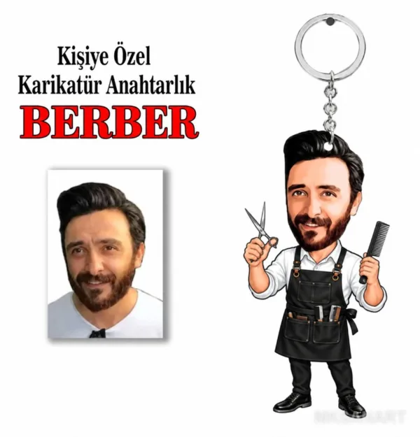 Fotoğraftan Kişiye Özel Kişiye Berber Karikatür Anahtarlık Karikatürlü 8 cm MDF Anahtarlık - Kişiye Berber Karikatür Anahtarlık Hediyesi | İş Arkadaşına ve Meslek Sahibine Hediye