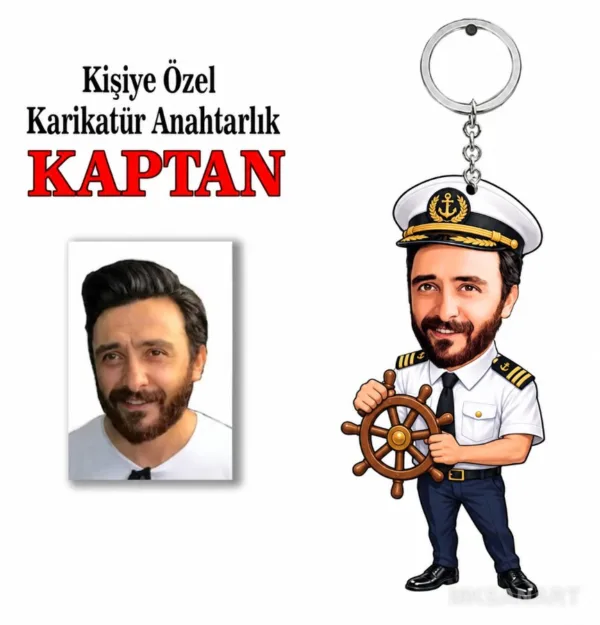 Fotoğraftan Kişiye Özel Kaptan Kişiye Anahtarlık Karikatürlü 8 cm MDF Anahtarlık - Kaptan Kişiye Anahtarlık Hediyesi | Pilota ve Kaptana Hediye