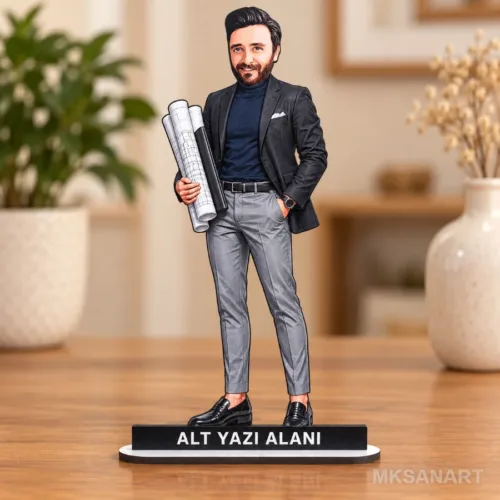 Kişiye Özel Erkek Mimar Siyah Ceket Karikatürlü 18 cm MDF Ma…