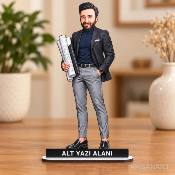 Kişiye Özel Erkek Mimar Siyah Ceket Karikatürlü 18 cm MDF Masaüstü Biblo - Erkek Mimar Siyah Ceket Hediyesi | Mühendise ve Teknik Meslek Sahibine Hediye