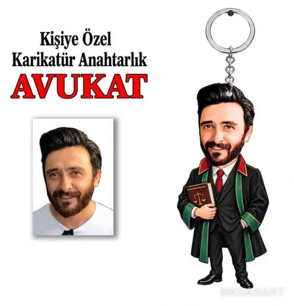 Kişiye Özel Fotoğraflı Kişiye Avukat Karikatür Anahtarlık Karikatürlü 8 cm MDF Anahtarlık - Avukat Hediyesi | Avukata ve Hukukçuya Hediye