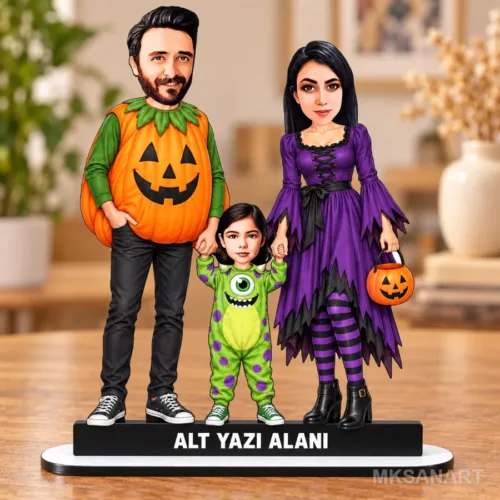 Fotoğraftan Kişiye Özel 3 Kişilik Halloween Aile Karikatürlü…