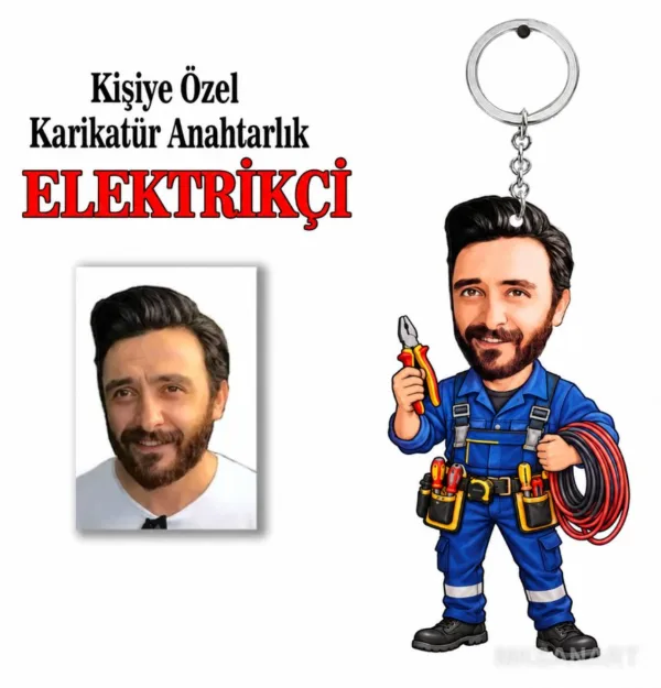Fotoğraftan Kişiye Özel Kişiye Elektrikçi Anahtarlık Karikatürlü 8 cm MDF Anahtarlık - Kişiye Elektrikçi Anahtarlık Hediyesi | Usta ve Teknik Meslek Hediyesi