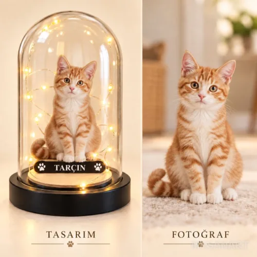 Fotoğraftan Kişiye Özel Kedi Karikatürlü 18 cm MDF Fanus Bib…