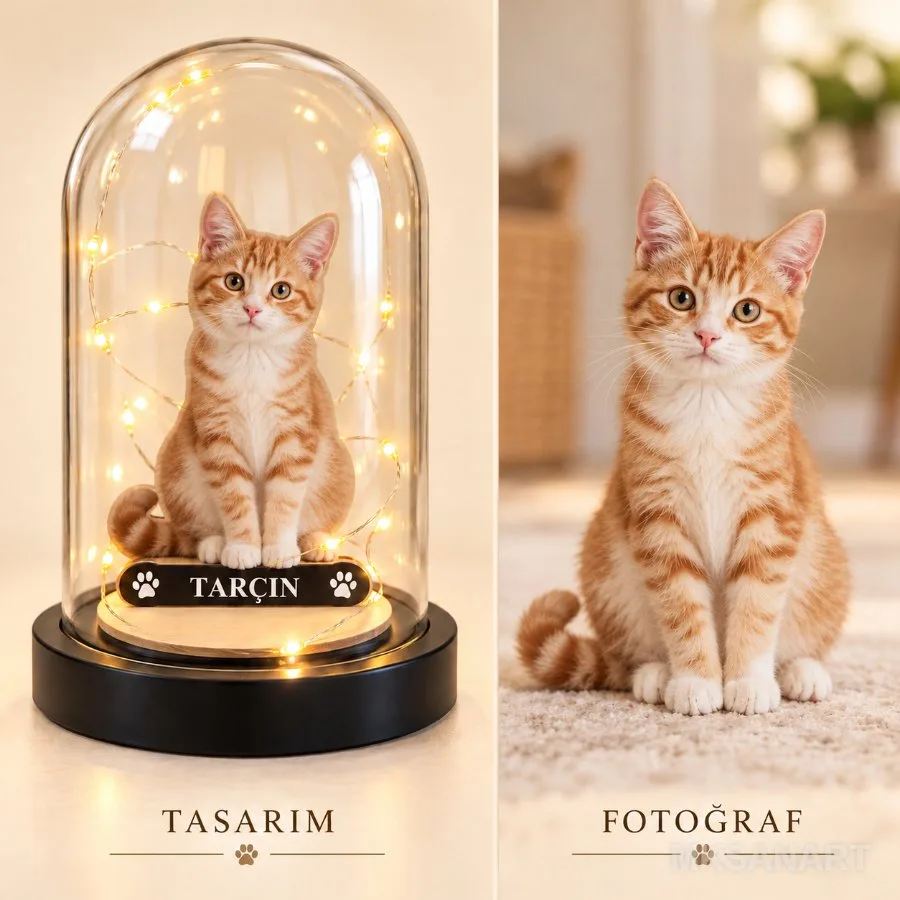 Fotoğraftan Kişiye Özel Kedi Karikatürlü 18 cm MDF Fanus Biblo – Kişiye Özel Hediye