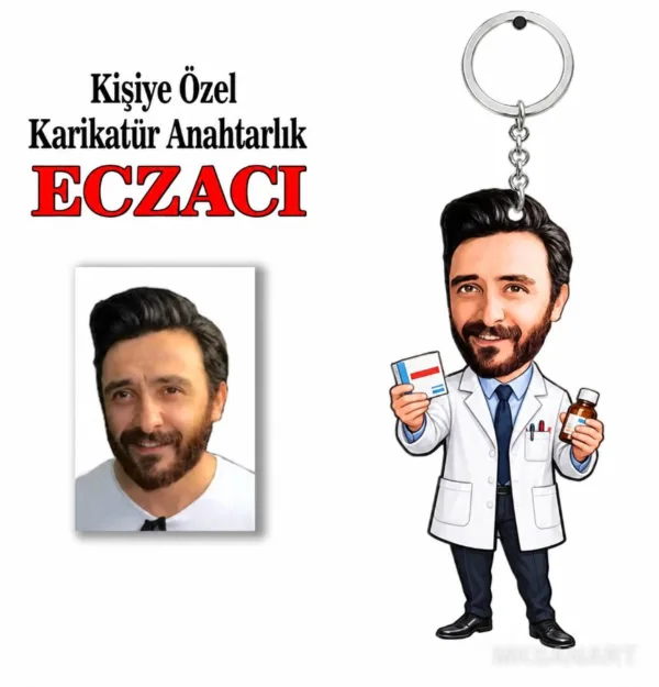 Fotoğraftan Kişiye Özel Kişiye Eczacı Karikatür Anahtarlık Karikatürlü 8 cm MDF Anahtarlık - Kişiye Eczacı Karikatür Anahtarlık Hediyesi | Sağlık ve Bilim Çalışanı Hediyesi