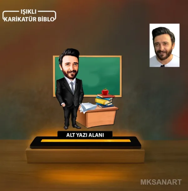 Erkek Sınıf Öğretmeni Karikatürlü Kişiye Özel Karikatürlü 14 cm MDF Işıklı Biblo - Öğretmen Hediyesi | Öğretmene Özel Hediye