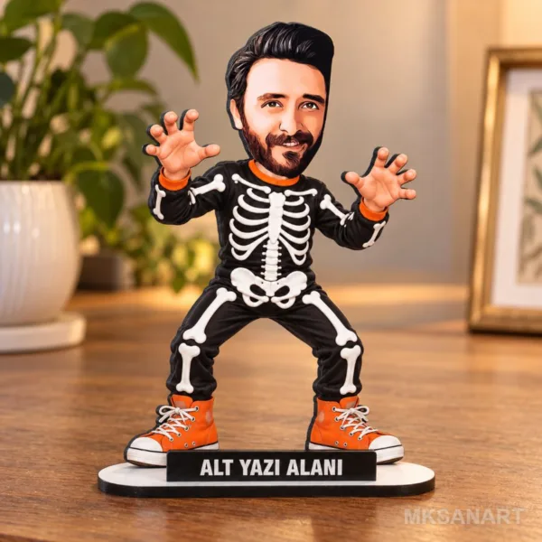 Kişiye Özel Fotoğraflı Cadılar Bayramı Karikatür MDF Karikatürlü 18 cm MDF Masaüstü Biblo - Masaüstü Hediye