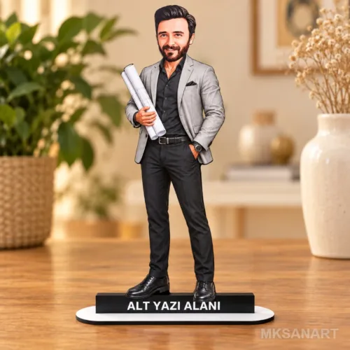 Kişiye Özel Erkek Mimar Gri Ceket Karikatürlü 18 cm MDF Masa…