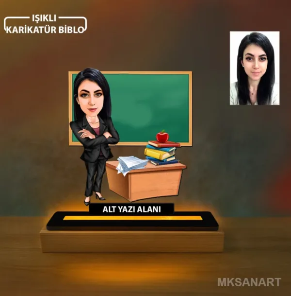 Fotoğraftan Tasarlanan Kadın Öğretmen Karikatürlü 14 cm MDF Işıklı Biblo - Öğretmen Hediyesi | Öğretmene Özel Hediye