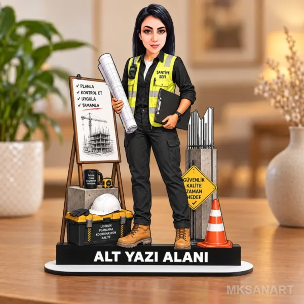 Kişiye Özel Kadin Santiye Sefi Kisiye Karikatürlü 18 cm MDF Masaüstü Biblo - Kadin Santiye Sefi Kisiye Hediyesi | Yeni İş ve Meslek Hediyesi