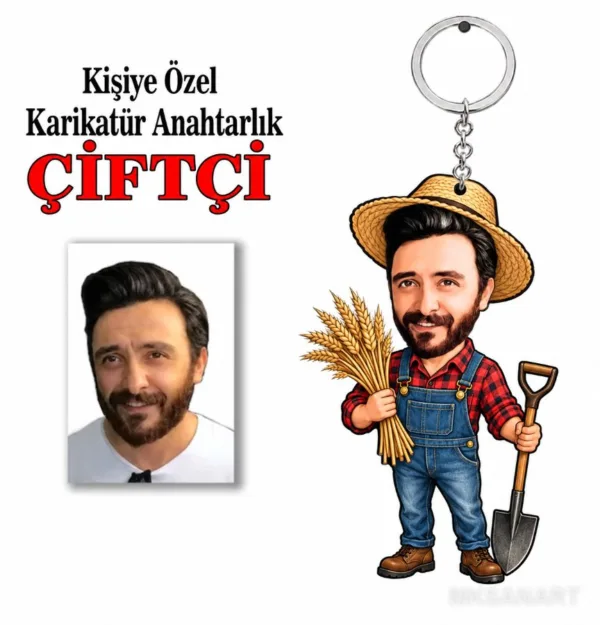 Fotoğraftan Kişiye Özel Kişiye Çiftçi Karikatür Anahtarlık Karikatürlü 8 cm MDF Anahtarlık - Kişiye Çiftçi Karikatür Anahtarlık Hediyesi | İş Arkadaşına ve Meslek Sahibine Hediye