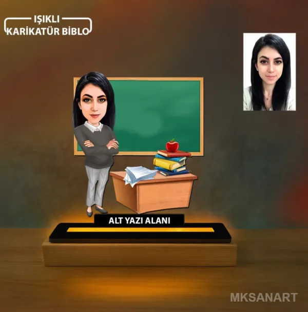 Kadın Öğretmen Karikatürlü Kişiye Özel Karikatürlü 14 cm MDF Işıklı Biblo - Öğretmen Hediyesi | Öğretmene Özel Hediye