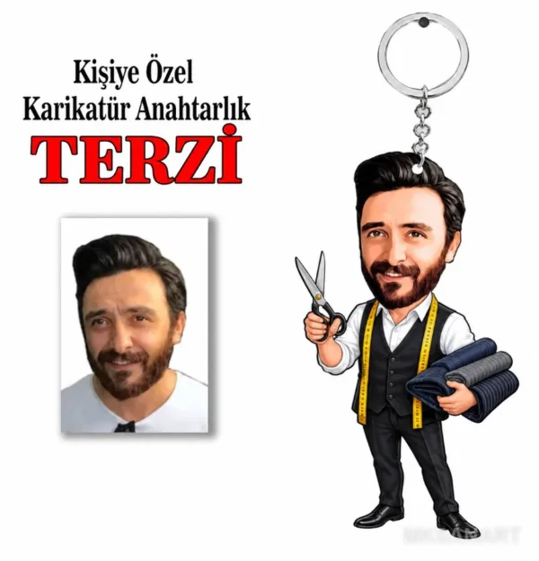 Fotoğraftan Kişiye Özel Kişiye Terzi Karikatür Anahtarlık Karikatürlü 8 cm MDF Anahtarlık - Kişiye Terzi Karikatür Anahtarlık Hediyesi | Yeni İş ve Meslek Hediyesi