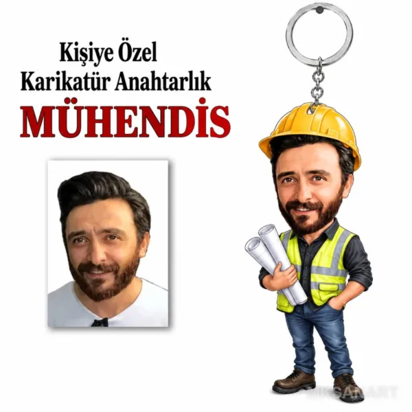 Fotoğraftan Kişiye Özel Kişiye Mühendis Karikatür Anahtarlık Karikatürlü 8 cm MDF Anahtarlık - Mühendis Hediyesi | Mühendise ve Teknik Meslek Sahibine Hediye