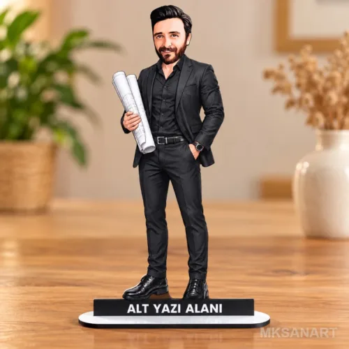 Kişiye Özel Erkek Mimar Siyah Takim Karikatürlü 18 cm MDF Ma…