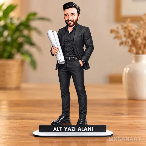 Kişiye Özel Erkek Mimar Siyah Takim Karikatürlü 18 cm MDF Masaüstü Biblo - Erkek Mimar Siyah Takim Hediyesi | Mühendise ve Teknik Meslek Sahibine Hediye
