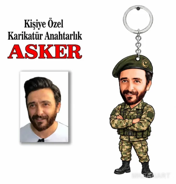 Fotoğraftan Kişiye Özel Kişiye Asker Karikatür Anahtarlık Karikatürlü 8 cm MDF Anahtarlık - Askere ve Komutana Hediye | Asker Hediyesi