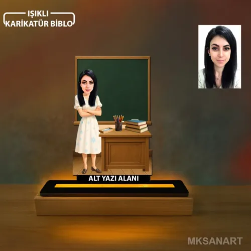 Kişiye Özel Kadın Öğretmen Karikatürlü 14 cm MDF Işıklı Bibl…
