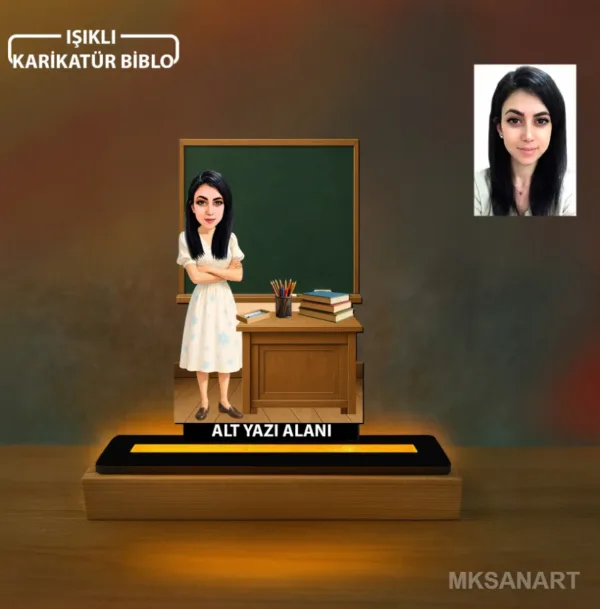 Kişiye Özel Kadın Öğretmen Karikatürlü 14 cm MDF Işıklı Biblo - Öğretmen Hediyesi | Öğretmene Özel Hediye