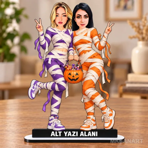 Fotoğraftan Kişiye Özel Halloween Arkadaş Karikatürlü 18 cm MDF Masaüstü Biblo - Arkadaşa Hediye | Arkadaşa Doğum Günü Hediyesi