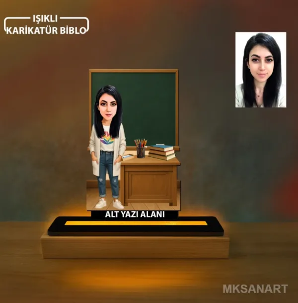 Kadın Sınıf Öğretmen Temalı Kişiye Özel Karikatürlü 14 cm MDF Işıklı Biblo - Öğretmen Hediyesi | Öğretmene Özel Hediye