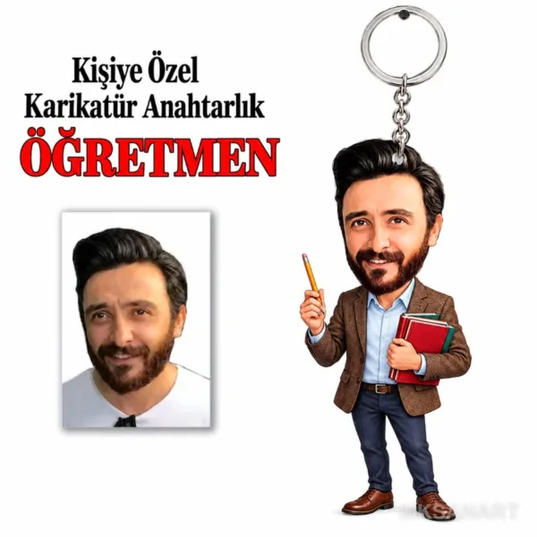 Kişiye Öğretmen Karikatür Anahtarlık Karikatürlü Kişiye Özel Karikatürlü 8 cm MDF Anahtarlık - Öğretmen Hediyesi | Öğretmene Özel Hediye
