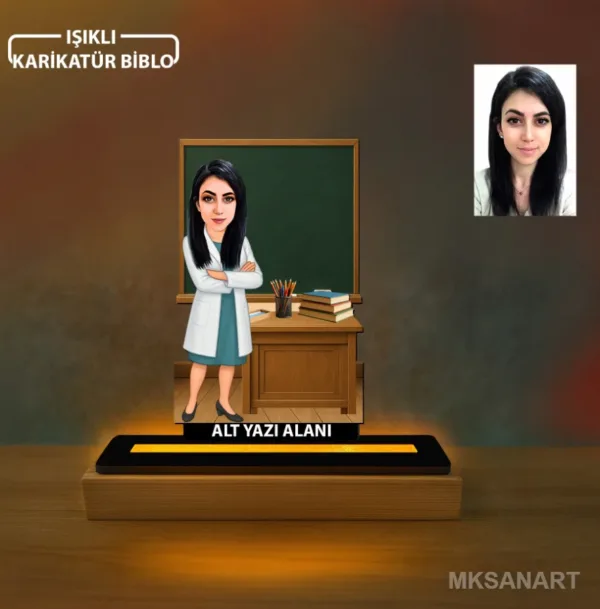 Fotoğraftan Kişiye Özel Kadın Sınıf Öğretmen Karikatürlü 14 cm MDF Işıklı Biblo - Öğretmen Hediyesi | Öğretmene Özel Hediye