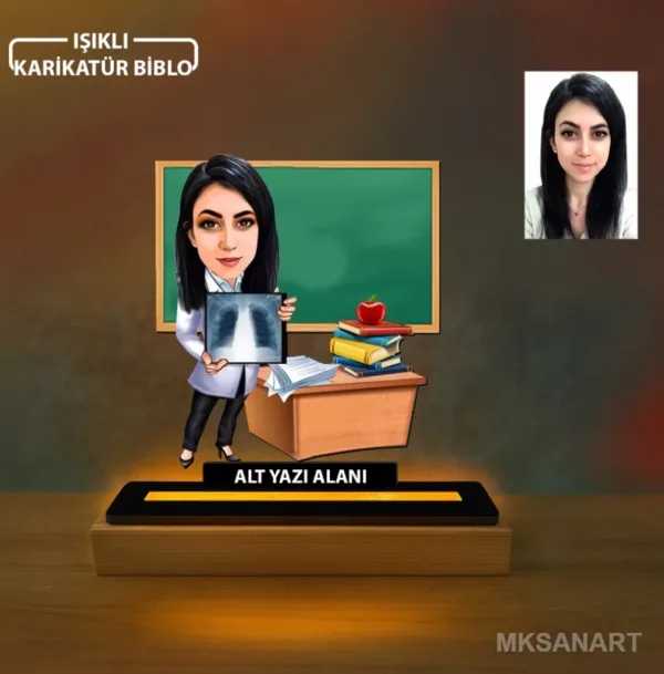 Kişiye Özel Kadın Sağlık Öğretmen Karikatürlü 14 cm MDF Işıklı Biblo - Öğretmen Hediyesi | Öğretmene Özel Hediye