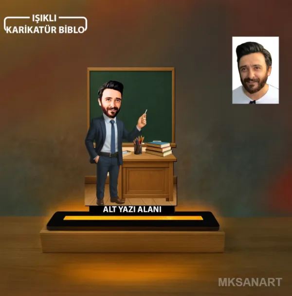 Fotoğraftan Kişiye Özel Erkek Sınıf Öğretmeni Karikatürlü 14 cm MDF Işıklı Biblo - Öğretmen Hediyesi | Öğretmene Özel Hediye 2. Model