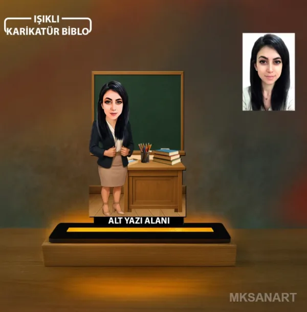 Kadın Sınıf Öğretmen Karikatürlü Kişiye Özel Karikatürlü 14 cm MDF Işıklı Biblo - Öğretmen Hediyesi | Öğretmene Özel Hediye