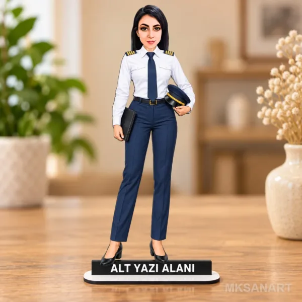 Kişiye Özel Kadin Pilot Kisiye Ahsap Karikatürlü 18 cm MDF Masaüstü Biblo - Kadin Pilot Kisiye Ahsap Hediyesi | Pilota ve Kaptana Hediye