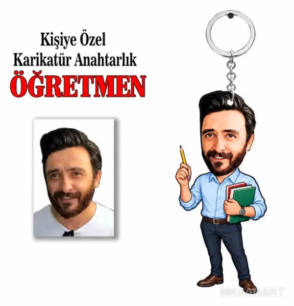 Kişiye Özel Fotoğraflı Kişiye Öğretmen Karikatür Anahtarlık Karikatürlü 8 cm MDF Anahtarlık - Öğretmen Hediyesi | Öğretmene Özel Hediye