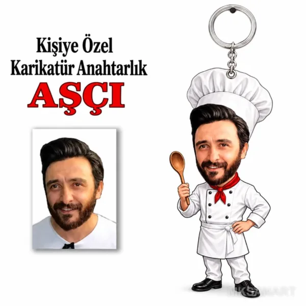 Kişiye Aşçı Karikatür Anahtarlık Karikatürlü Kişiye Özel Karikatürlü 8 cm MDF Anahtarlık - Kişiye Aşçı Karikatür Anahtarlık Hediyesi | Aşçı ve Şef Hediyesi