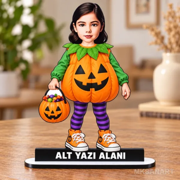 Kişiye Özel Halloween Kız Çocuk Bal Kabağı Karikatürlü 18 cm MDF Masaüstü Biblo - Masaüstü Hediye