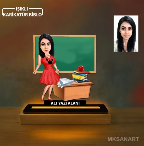 Fotoğraftan Kişiye Özel Kadın Öğretmen Karikatürlü 14 cm MDF Işıklı Biblo - Öğretmen Hediyesi | Öğretmene Özel Hediye