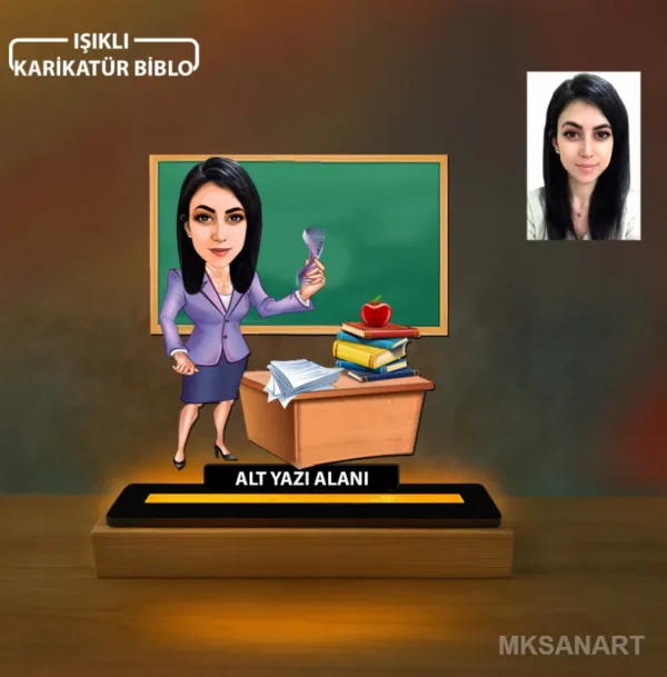 Kişiye Özel Kadın Kimya Öğretmen Karikatürlü 14 cm MDF Işıklı Biblo - Öğretmen Hediyesi | Öğretmene Özel Hediye