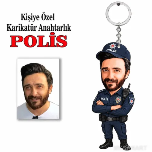 Kişiye Özel Fotoğraflı Kişiye Polis Karikatür Anahtarlık Kar…