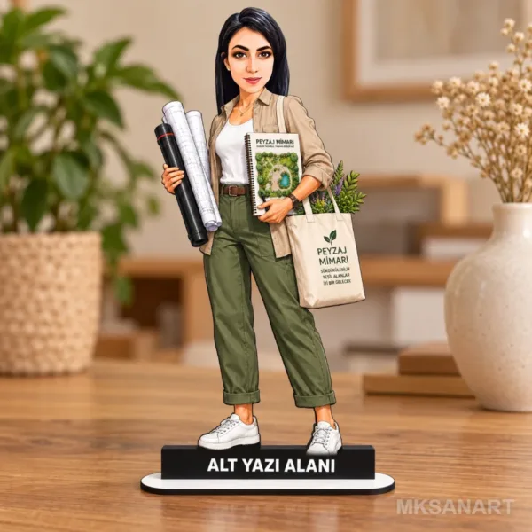 Kişiye Özel Kadin Peyzaj Mimari Kisiye Karikatürlü 18 cm MDF Masaüstü Biblo - Kadin Peyzaj Mimari Kisiye Hediyesi | Mühendise ve Teknik Meslek Sahibine Hediye