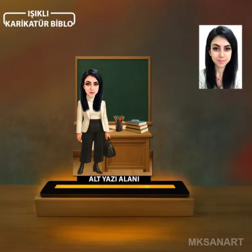 Kişiye Özel Kadın Öğretmen Karikatürlü 14 cm MDF Işıklı Bibl…