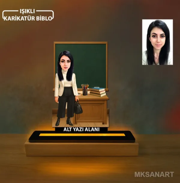 Kişiye Özel Kadın Öğretmen Karikatürlü 14 cm MDF Işıklı Biblo - Öğretmen Hediyesi | Öğretmene Özel Hediye 2. Model